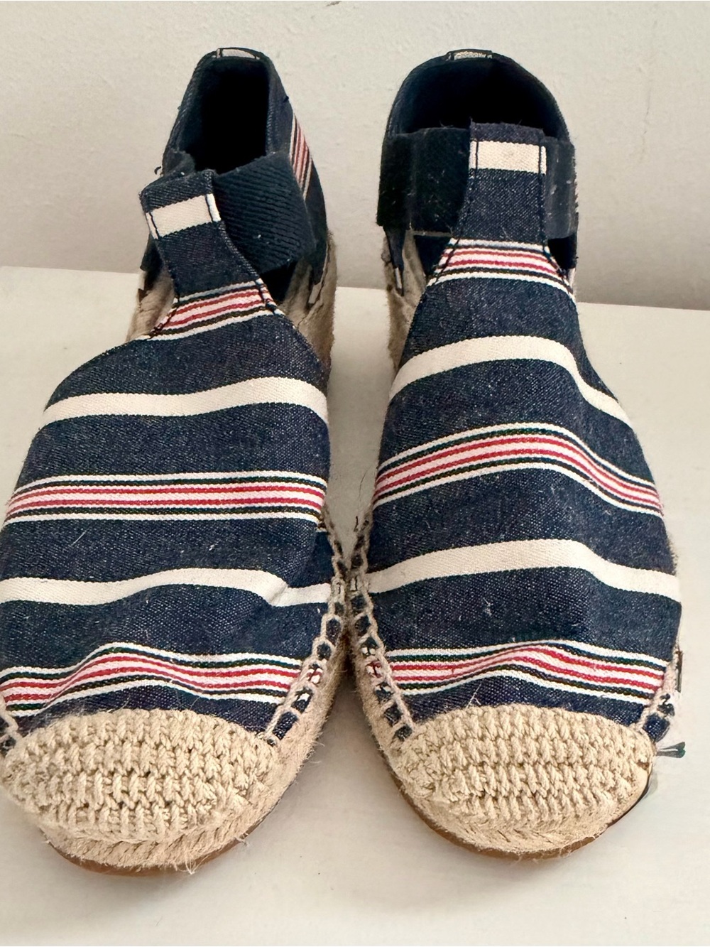 Tory Burch Navy, White & Red Striped Espadrille Wedges